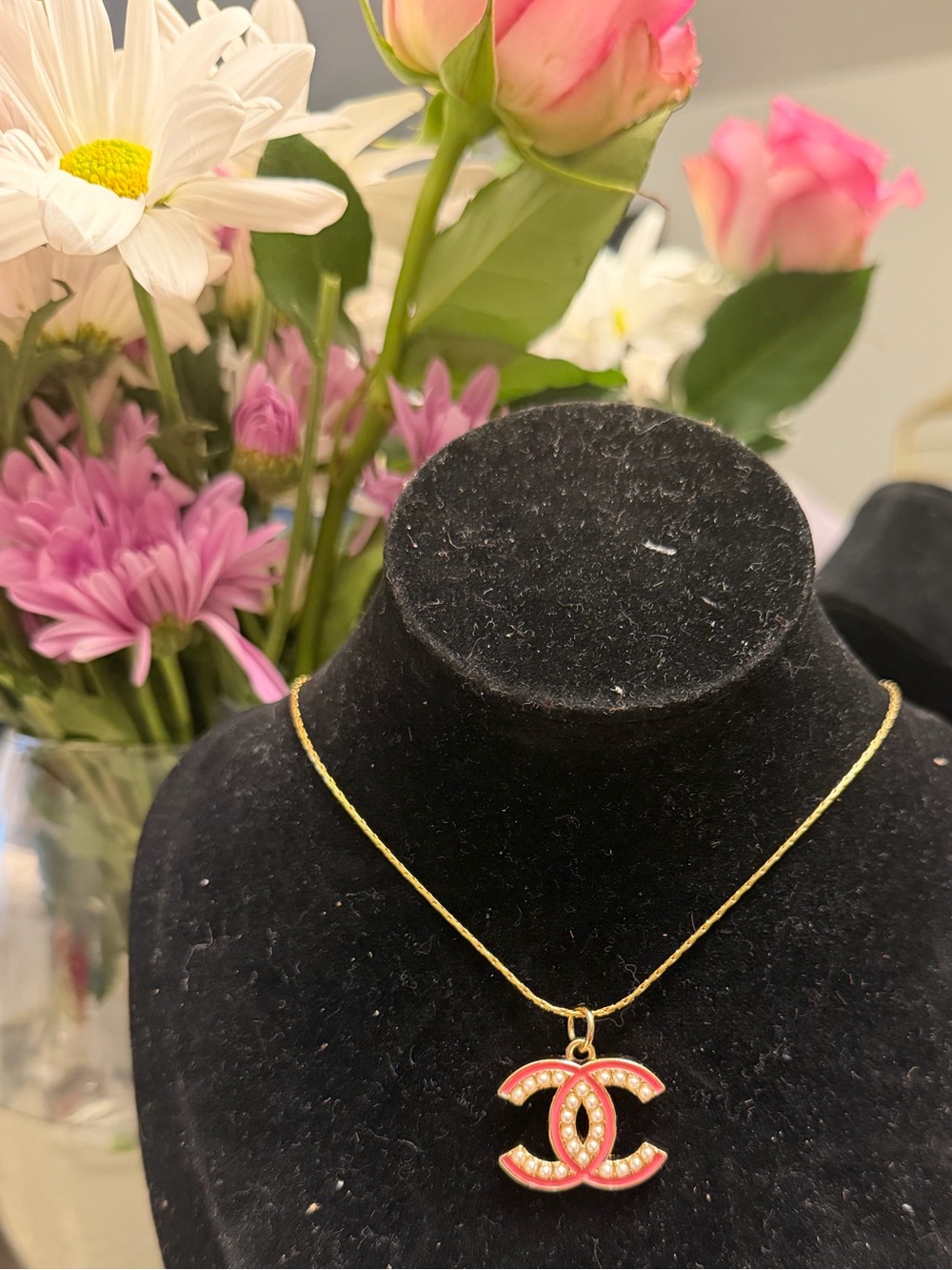 Cc gold pink and pearl charm necklace